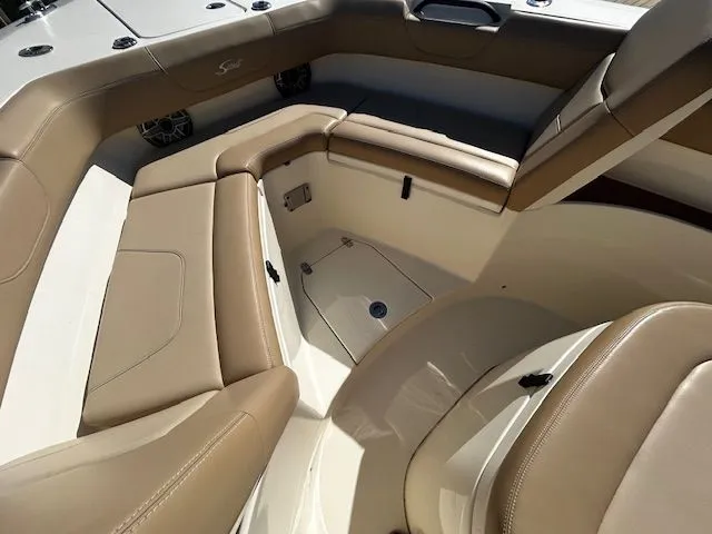  Yacht Photos Pics Interior of 2022 Scout 305 LXF with beige leather seating.