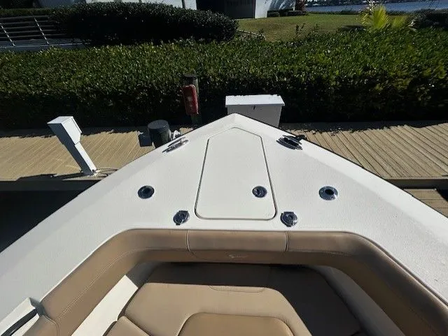  Yacht Photos Pics Scout 305 LXF 2022 boat bow view at dock.
