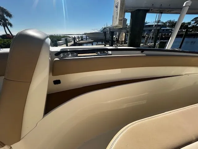  Yacht Photos Pics Interior view of a 2022 Scout 305 LXF boat at the dock.