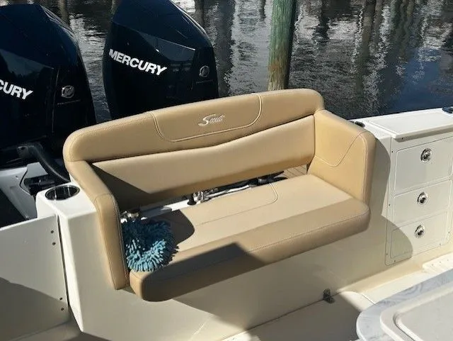  Yacht Photos Pics Scout 305 LXF 2022 with beige seating and Mercury engines.