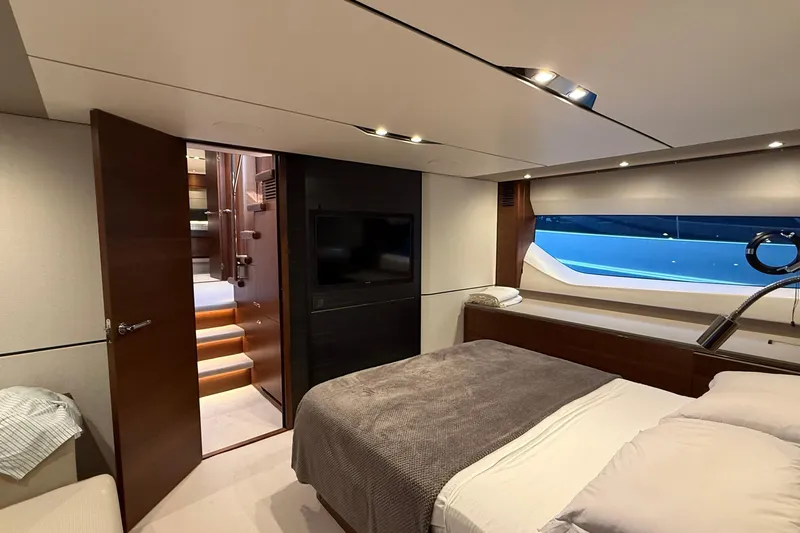 Stra Dodo Yacht Photos Pics Luxurious 2019 Princess S65 yacht bedroom with modern design and large window view.