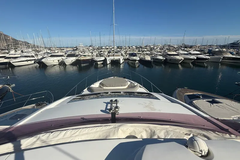 Stra Dodo Yacht Photos Pics View from 2019 Princess S65 yacht overlooking marina filled with boats.