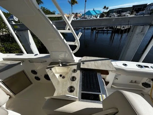  Yacht Photos Pics Interior of 2021 Boston Whaler 350 EX overlooking marina.