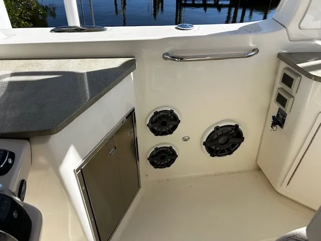  Yacht Photos Pics Interior of 2021 Boston Whaler 350 EX with speakers and storage.