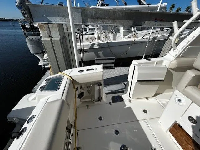  Yacht Photos Pics Interior of a 2021 Boston Whaler 350 EX yacht at the dock.