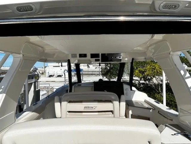  Yacht Photos Pics Interior of a 2021 Boston Whaler 350 EX boat, modern design.