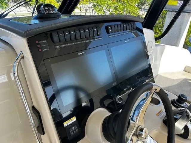  Yacht Photos Pics Boston Whaler 350 EX 2021 helm with modern displays.