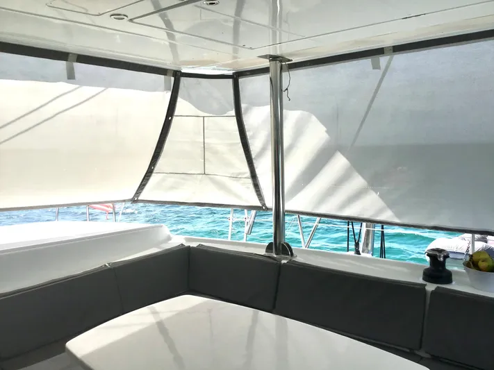 Katarina Yacht Photos Pics Interior view of 2010 Lagoon 440 yacht with ocean backdrop.