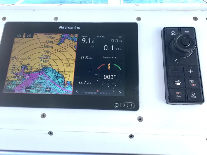 Katarina Yacht Photos Pics Raymarine navigation display on 2010 Lagoon 440, showing nautical charts and sailing data.
