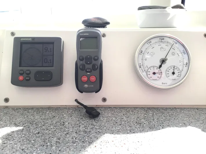 Katarina Yacht Photos Pics Control panel of a 2010 Lagoon 440 catamaran with navigation instruments.