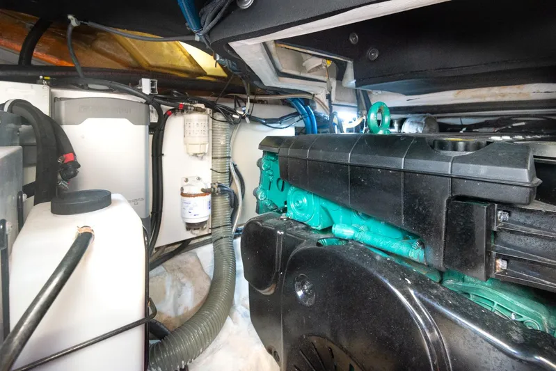  Yacht Photos Pics Engine compartment of a 2018 Schaefer 400 Sport boat.