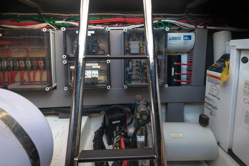  Yacht Photos Pics Engine room of a 2018 Schaefer 400 Sport boat with electrical components.