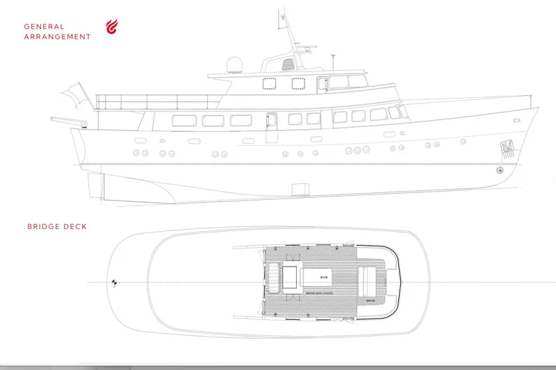 La Fenice Yacht Photos Pics Blueprint of 1962 Laurent Giles TSDMY Gentleman's Motor Yacht, showing side and bridge deck views.