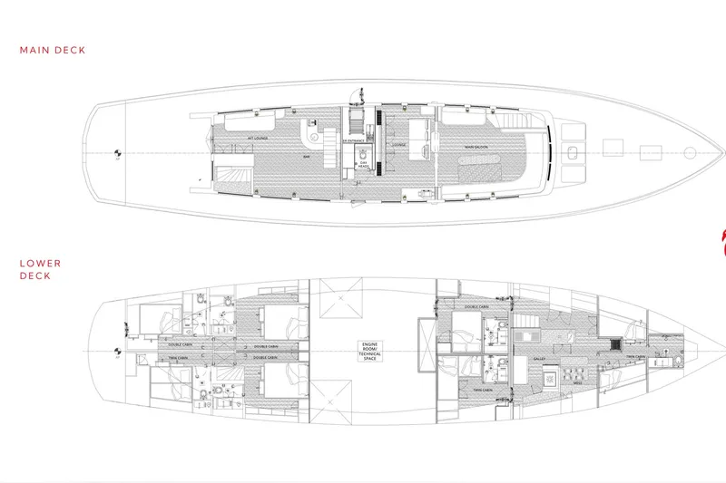 La Fenice Yacht Photos Pics Deck plans of 1962 Laurent Giles TSDMY Gentleman's Motor Yacht, showing main and lower decks.