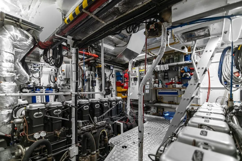 La Fenice Yacht Photos Pics Engine room of 1962 Laurent Giles TSDMY Gentleman's Motor Yacht, showcasing machinery and equipment.