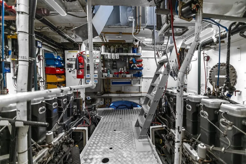 La Fenice Yacht Photos Pics Engine room of 1962 Laurent Giles TSDMY Gentleman's Motor Yacht, featuring machinery and control panels.