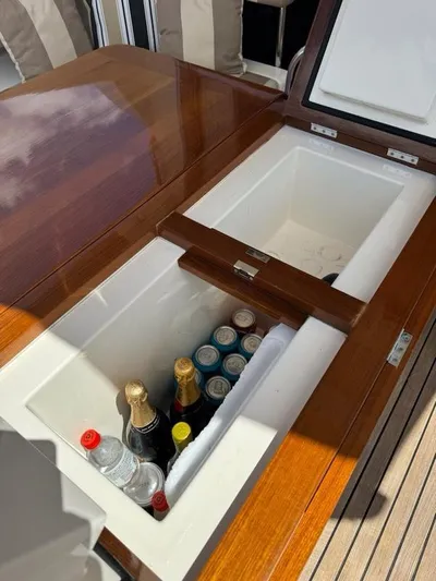 Lady Di Yacht Photos Pics Built-in cooler with drinks on a 2007 Oyster LD43 yacht.
