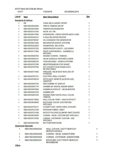  Yacht Photos Pics Build sheet for 2019 Tiara Yachts 38 LS, listing options and specifications.