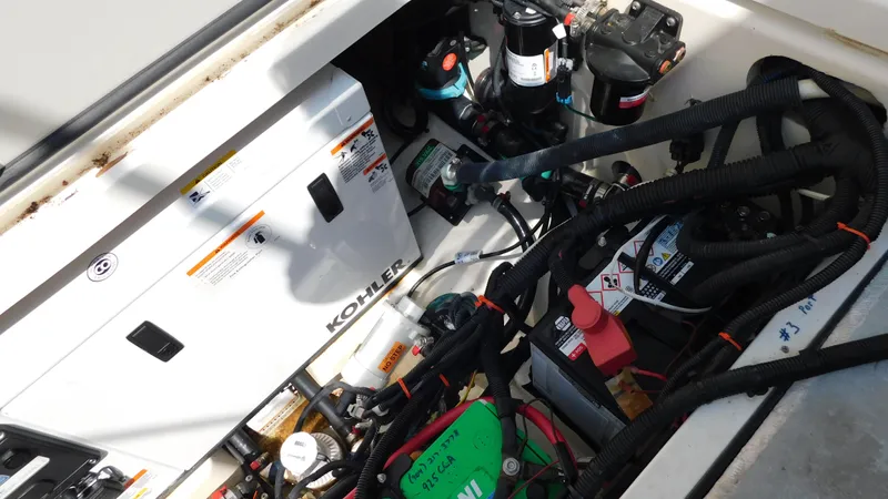  Yacht Photos Pics Engine compartment of a 2017 Boston Whaler 315 Conquest, featuring Kohler generator and wiring.
