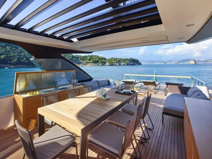  Yacht Photos Pics Luxurious 2017 Sanlorenzo SL86 yacht deck with dining area and ocean view.