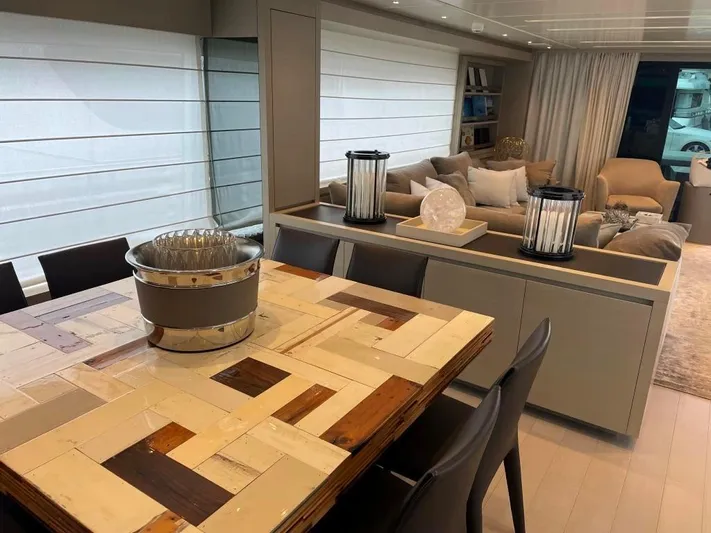  Yacht Photos Pics Luxurious interior of 2017 Sanlorenzo SL86 yacht with modern dining and living area.