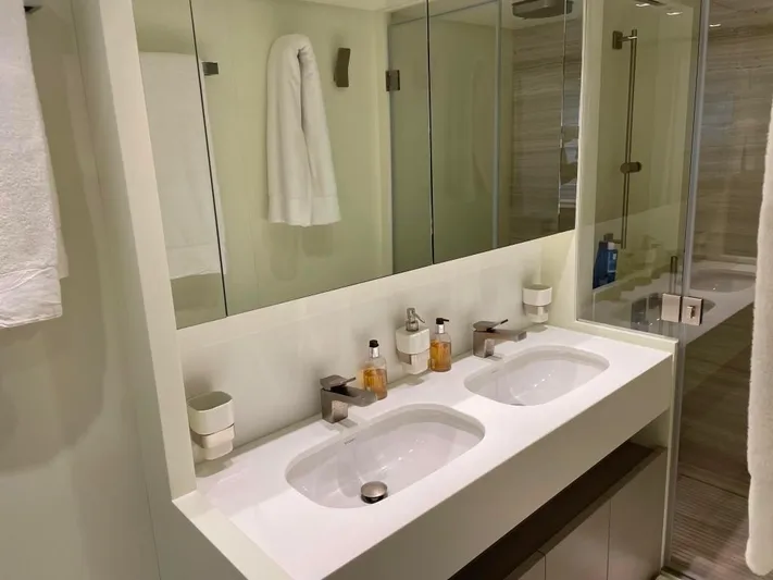  Yacht Photos Pics Luxurious bathroom with double sinks on a 2017 Sanlorenzo SL86 yacht.