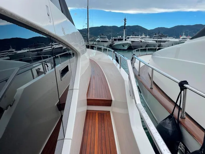  Yacht Photos Pics Sanlorenzo SL86 yacht deck with wooden flooring, docked in a marina, 2017 model.