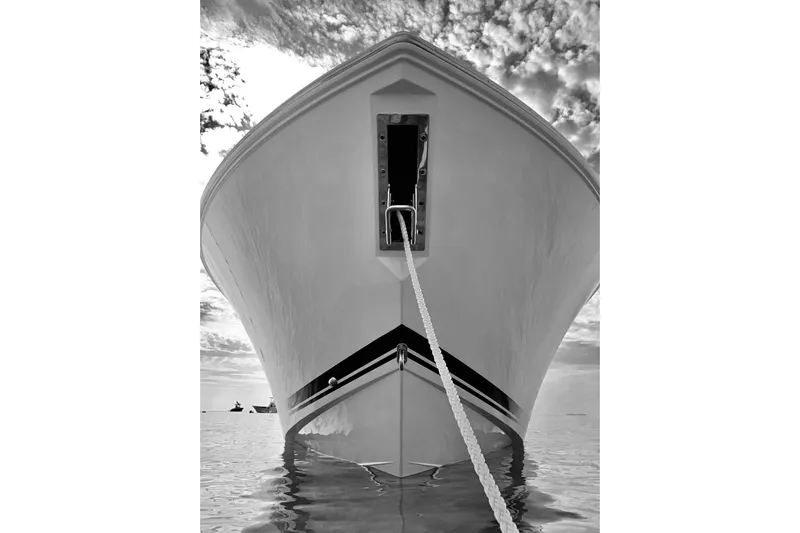 Perfect Draw Yacht Photos Pics Front view of 2020 Pursit DC 325 boat anchored on calm water, under a cloudy sky.