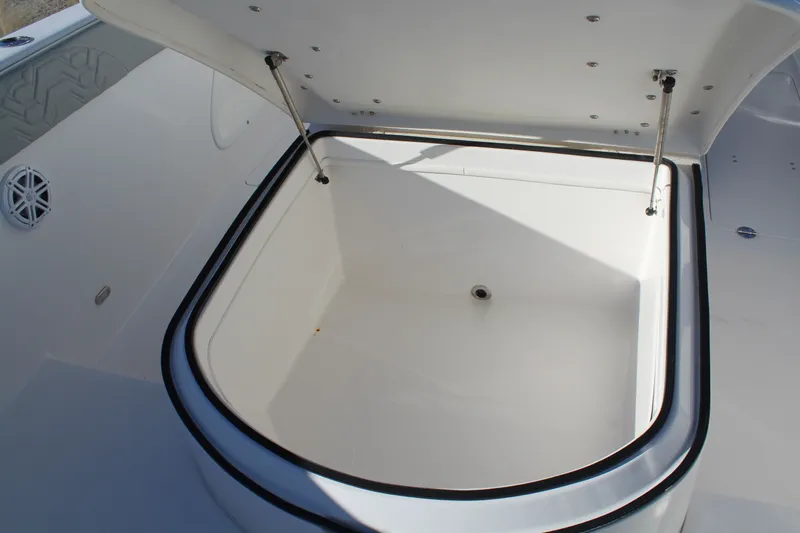  Yacht Photos Pics Open storage compartment on a 2022 Twin Vee 280 GFX boat.
