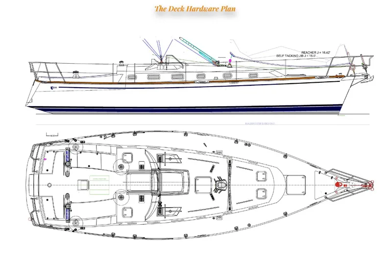 #14 Yacht Photos Pics Deck hardware plan for 2024 Tartan 395 sailboat, side and top views.
