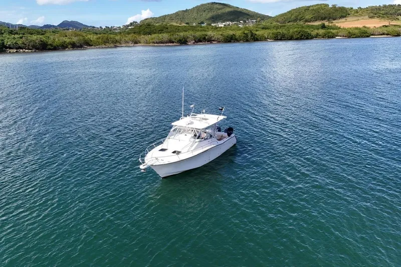  Yacht Photos Pics 2009 Grady-White Express 330 boat on calm water with scenic green hills.