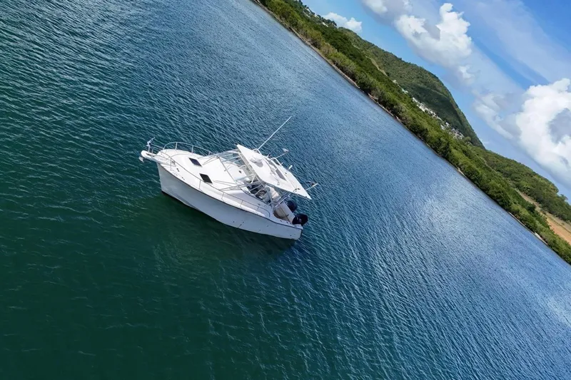  Yacht Photos Pics 2009 Grady-White Express 330 boat on serene blue water, surrounded by lush green hills.