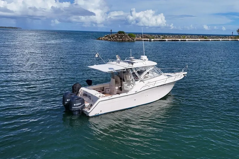  Yacht Photos Pics 2009 Grady-White Express 330 boat on calm ocean waters under a cloudy sky.