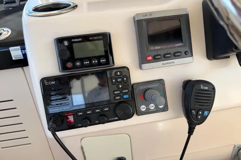  Yacht Photos Pics Control panel of a 2009 Grady-White Express 330 boat with navigation and communication devices.