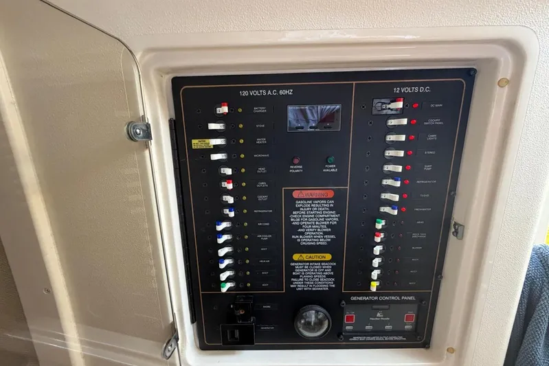  Yacht Photos Pics Electrical control panel on a 2009 Grady-White Express 330 boat, featuring various switches and warnings.