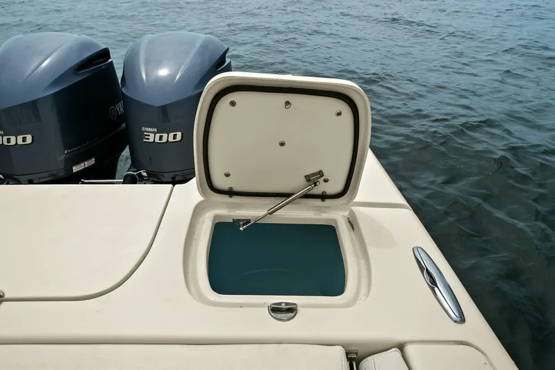 Patsy Ru Yacht Photos Pics 2016 Grady-White 285 Freedom boat with open hatch and twin Yamaha 300 engines.