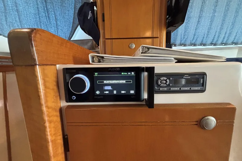 Imagine Yacht Photos Pics Fusion stereo system on 2000 Fountaine Pajot Maryland 37 yacht interior.