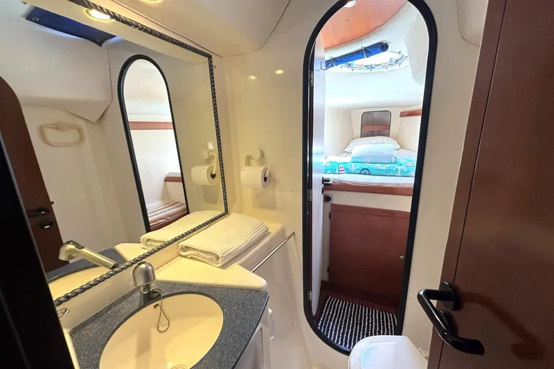 Imagine Yacht Photos Pics Bathroom and cabin interior of 2000 Fountaine Pajot Maryland 37 yacht.