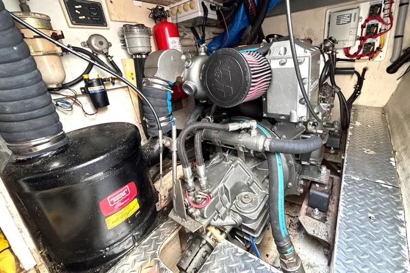 Imagine Yacht Photos Pics Engine room of 2000 Fountaine Pajot Maryland 37 with visible components and wiring.
