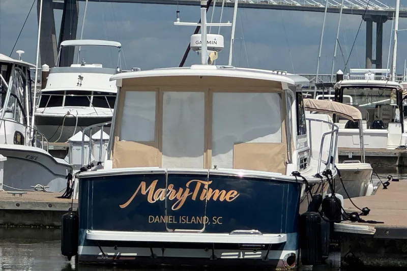 Mary Time Yacht Photos Pics 2013 Back Cove 30 boat docked at marina, named "Mary Time," Daniel Island, SC.