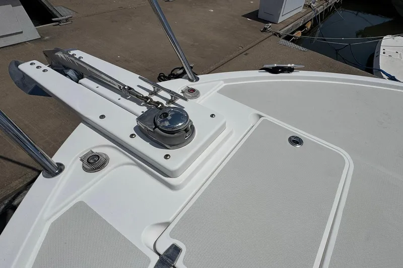 Mary Time Yacht Photos Pics Bow of 2013 Back Cove 30 boat with anchor and deck details.