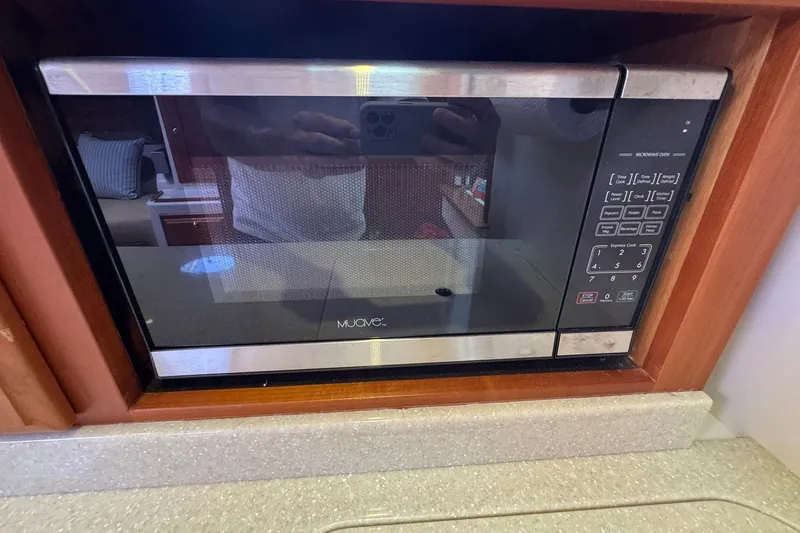 Mary Time Yacht Photos Pics Microwave oven in 2013 Back Cove 30 boat interior kitchen setup.