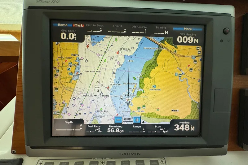 Mary Time Yacht Photos Pics Garmin GPS display on 2013 Back Cove 30 boat showing navigation map and data.