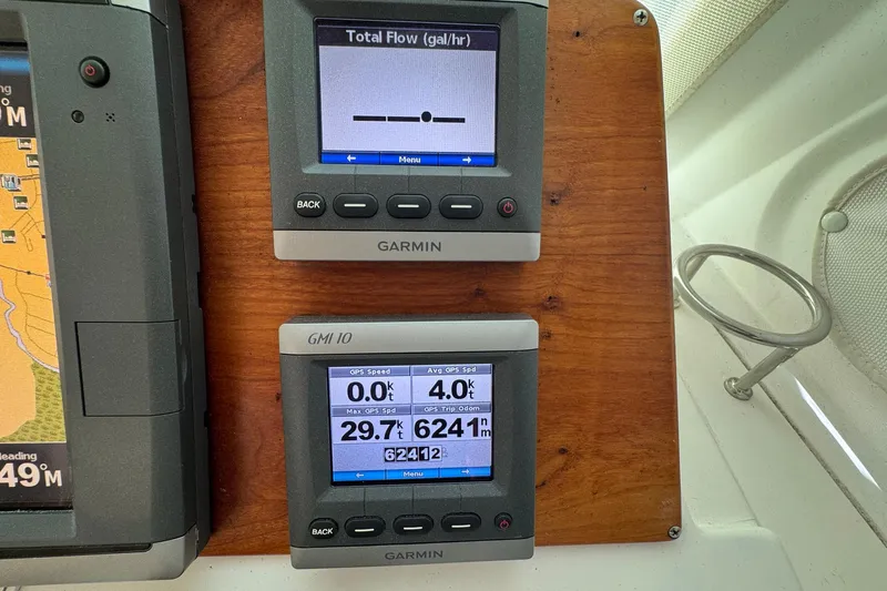 Mary Time Yacht Photos Pics Garmin navigation displays on a 2013 Back Cove 30 boat dashboard.