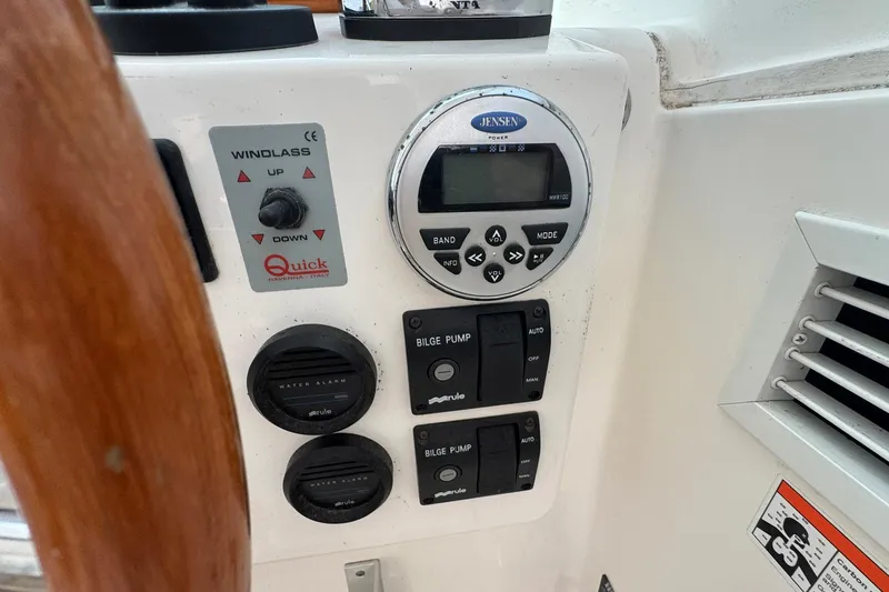 Mary Time Yacht Photos Pics Control panel of a 2013 Back Cove 30 boat with windlass and bilge pump switches.