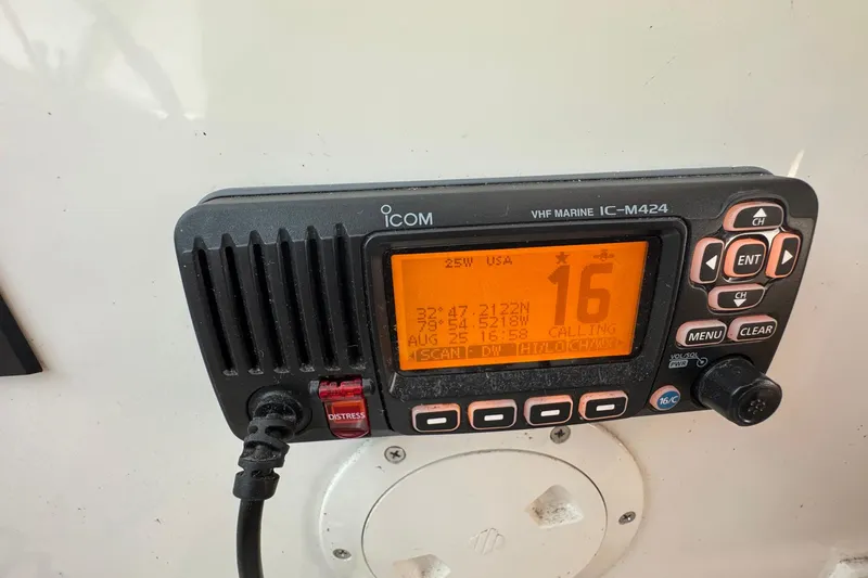Mary Time Yacht Photos Pics Icom VHF Marine IC-M424 radio on 2013 Back Cove 30 boat dashboard.