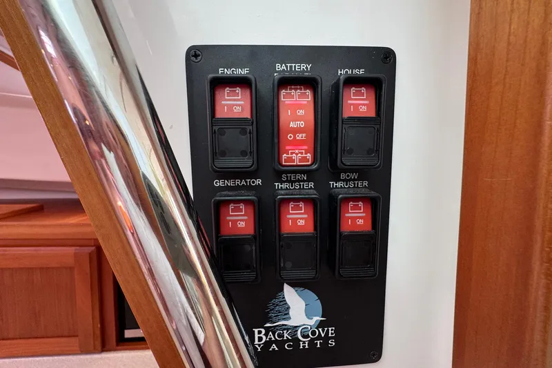 Mary Time Yacht Photos Pics Control panel on a 2013 Back Cove 30 yacht with labeled switches.