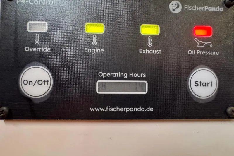 Mary Time Yacht Photos Pics Control panel of a 2013 Back Cove 30 boat with Fischer Panda indicators.