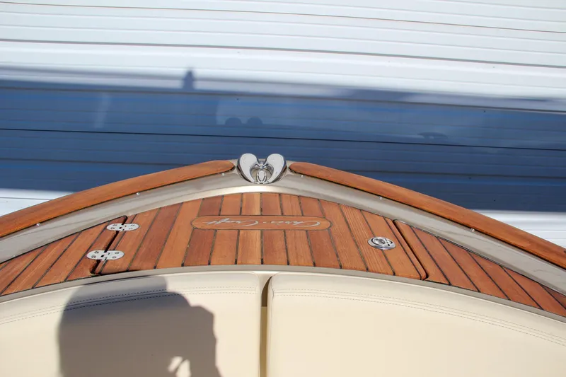  Yacht Photos Pics 2013 Chris-Craft Launch 32 boat bow with teak wood deck and stainless steel fittings.