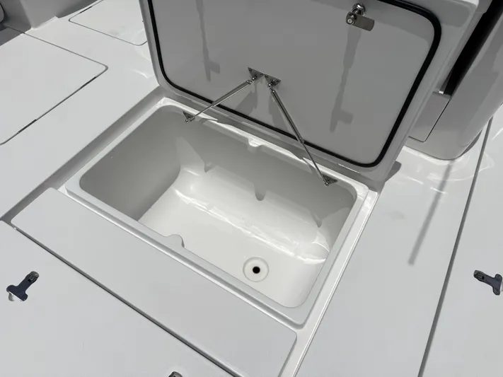  Yacht Photos Pics Open storage compartment on 2025 Intrepid 345 Nomad FE boat.